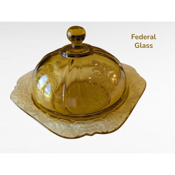 Vtg. Federal 1976 Recollection "MADRID PATTERN" Amber Butter Dish w/ Cover - Picture 1 of 10